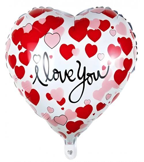 Ballon hélium coeur blanc I Love You avec petits coeurs