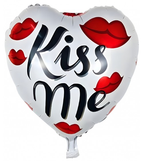 Ballon hélium coeur blanc Kiss Me avec bouche rouge