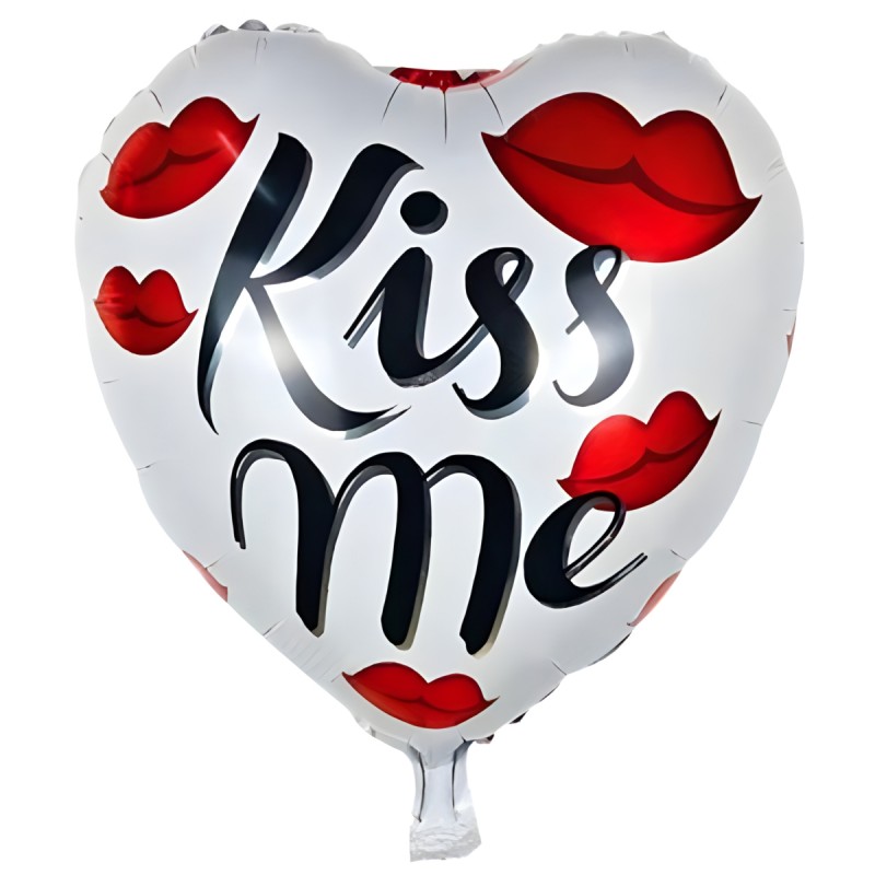 Ballon hélium coeur blanc Kiss Me avec bouche rouge