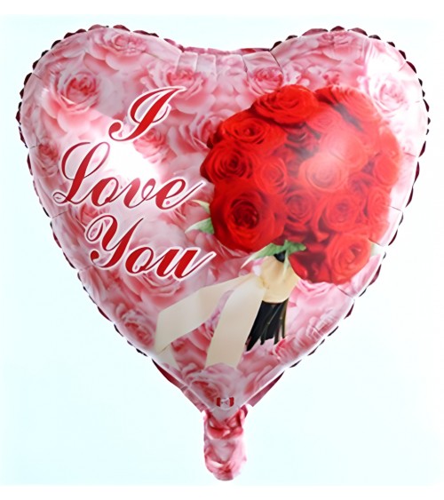 Ballon hélium cœur I LOVE You avec bouquet de roses