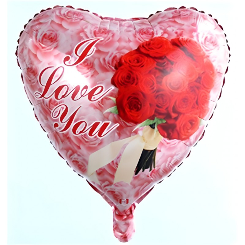 Ballon hélium cœur I LOVE You avec bouquet de roses