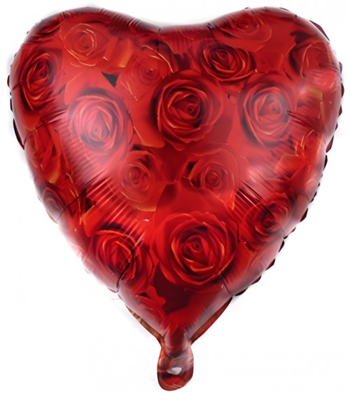 Ballon hélium cœur rouge avec fleurs roses rouge