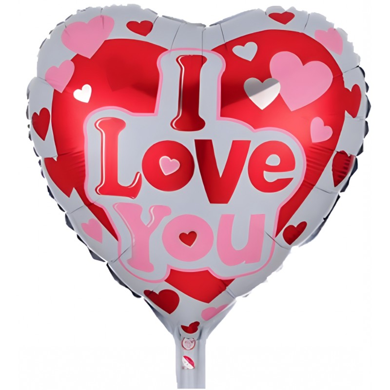 Ballon hélium cœur blanc I Love You avec 2 demi cœur rouge