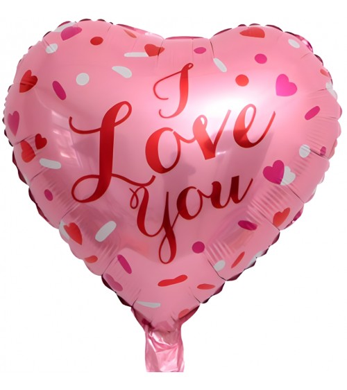 Ballon hélium cœur rose I Love You avec petits cœurs rouge