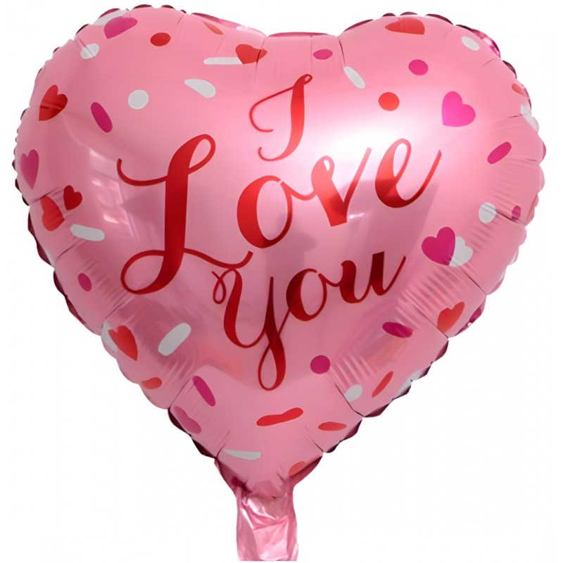 Ballon hélium cœur rose I Love You avec petits cœurs rouge